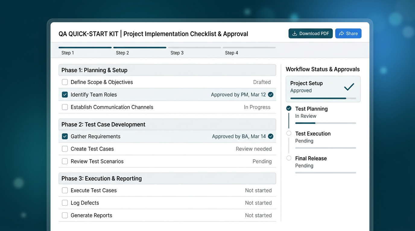 Preview of the QA Quick-Start Kit checklist and review workflow